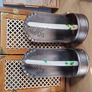 . Vintage Tin Candlestick Sconces - Metal Wall Candle Holders - Tin Stamp Punch